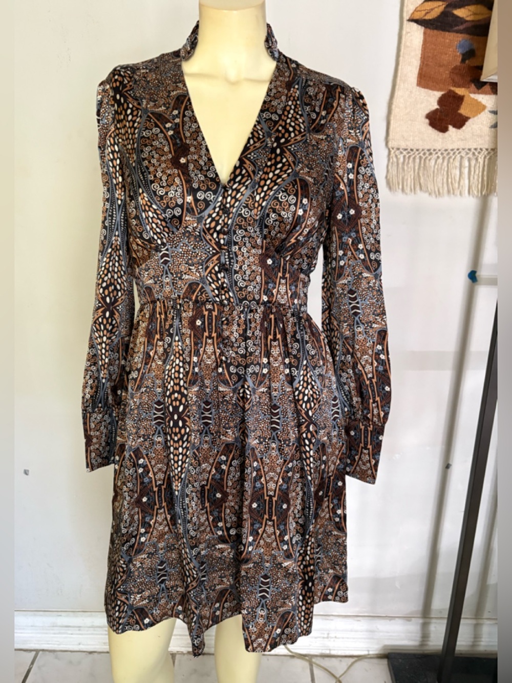 Alice Ritter Silk Print Pattern Long-Sleeve Mini Dress Size 4